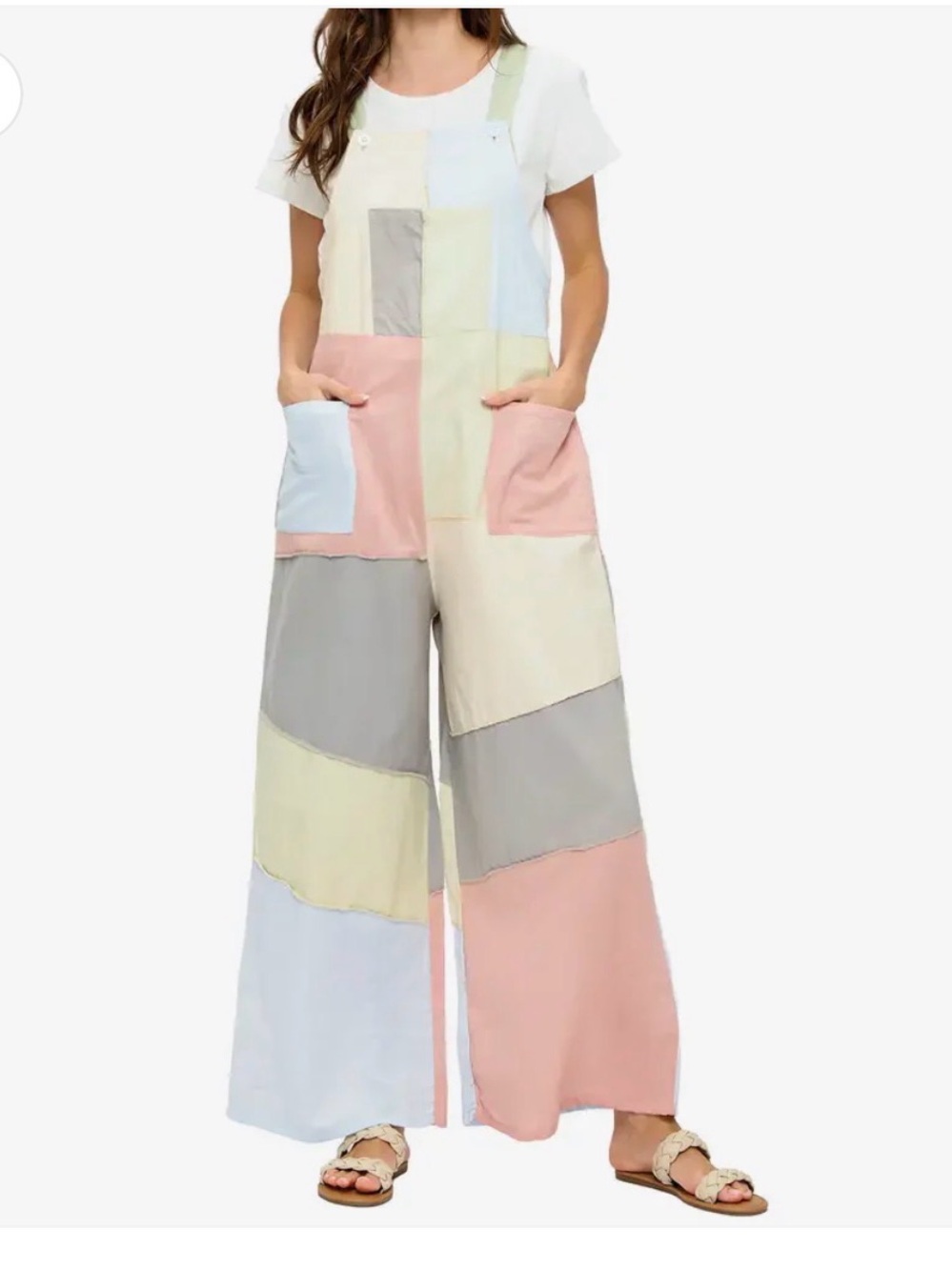 Patchwork Wide-Leg Overalls - Pastel Multi